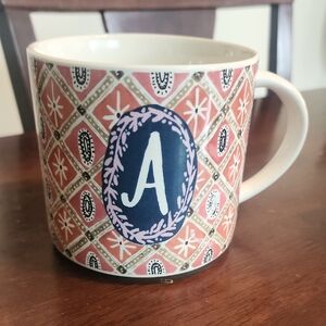 Anthropologie Monogram Initial A Mug Pink Blue Ceramic Coffee Cup